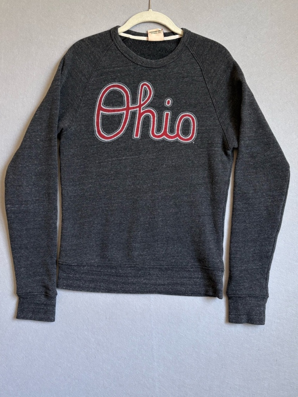 Homage Script Ohio Crewneck Sweatshirt - Charcoal with Red Outlined Script sz S
